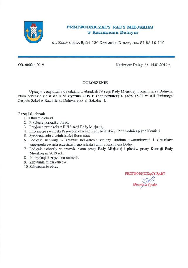 Ogloszenie o IV sesji Rady Miejskiej 01