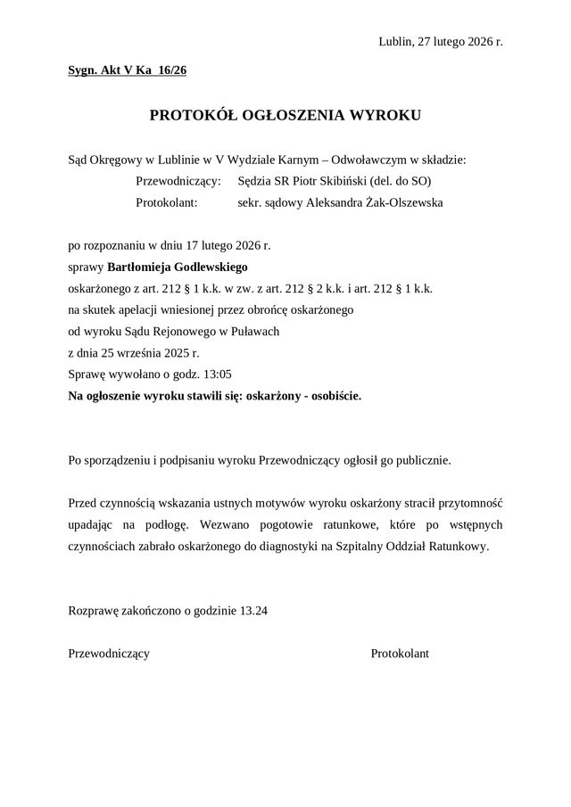 153005000002506 V Ka 16 26 20260227 id29405855 protokol ogloszenia wyroku utworzono 27 02 2026 page 0001