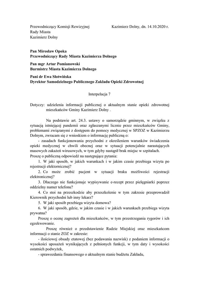 Interpelacja w spr. ZOZ 01