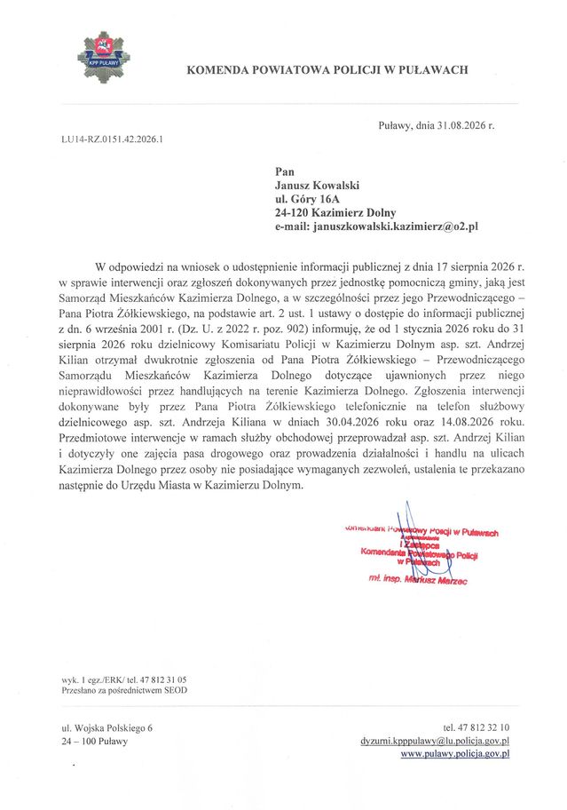 Odp na wniosek o udost. inf publicznej z dn. 17.08.2026 dot interwencji zgłaszanych przez PSM KD