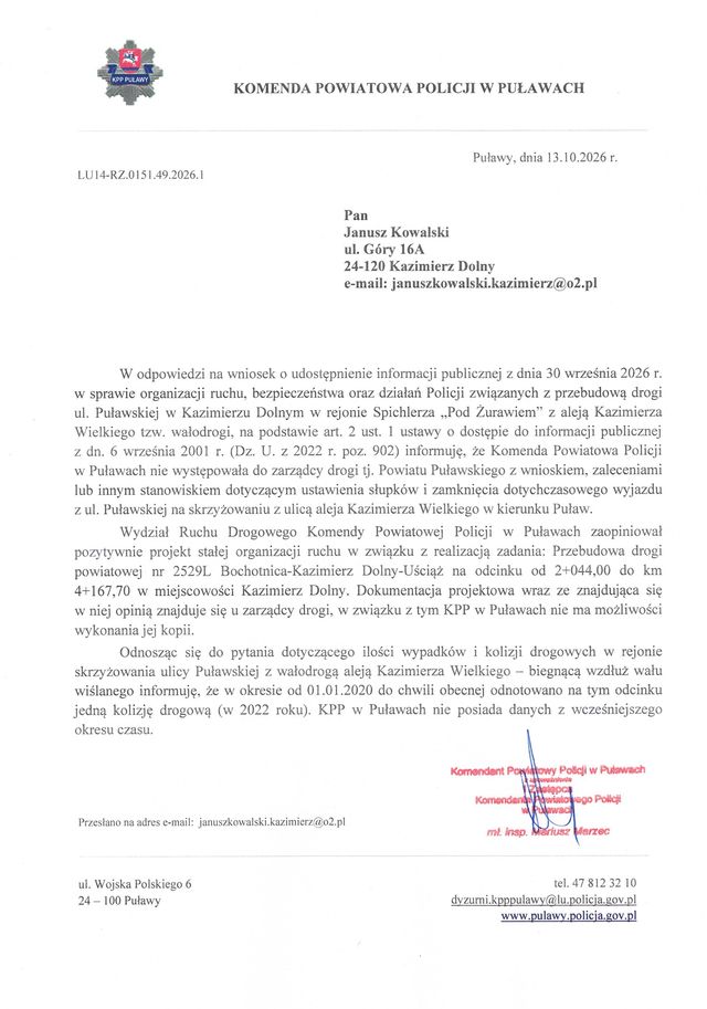 Odpowiedź na wniosek J Kowalski przebudowa drogi