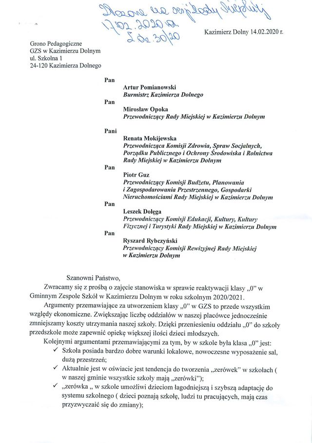 Pismo Grona Pedagogicznego GZSz 14.02.2020 r. 01