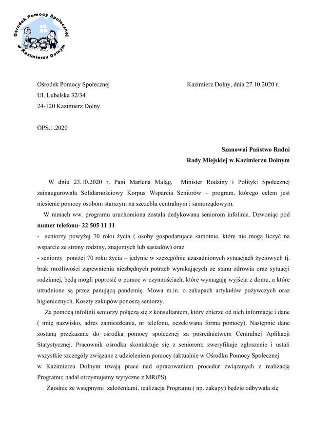 Rada Miejska w Kazimierzu Dolnym pismo 01