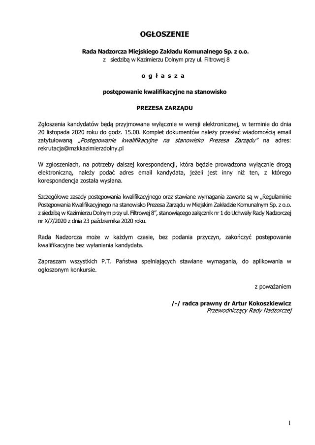 ogloszenie o konkursie na prezesa zarzadu MZK 2020 01
