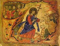 Exultet Barberinich, XI wiek. Jezus zstępuje do piekieł, otwiera jego bramy i wyprowadza tych, którzy w Niego uwierzyli.. 
