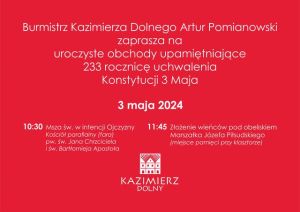 Zaproszenie na uroczystości Trzeciomajowe w Kazimierzu Dolnym